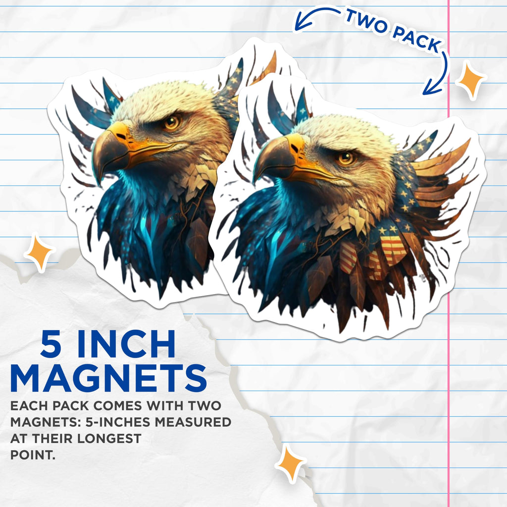 (2 Pack) Patriotic Bald Eagle Magnets - American Flag Feather Art Design - Freedom Symbol Fridge Decor USA - 5 Inches On Longest Side - Thick Durable Magnet - Made in USA - MAG20851