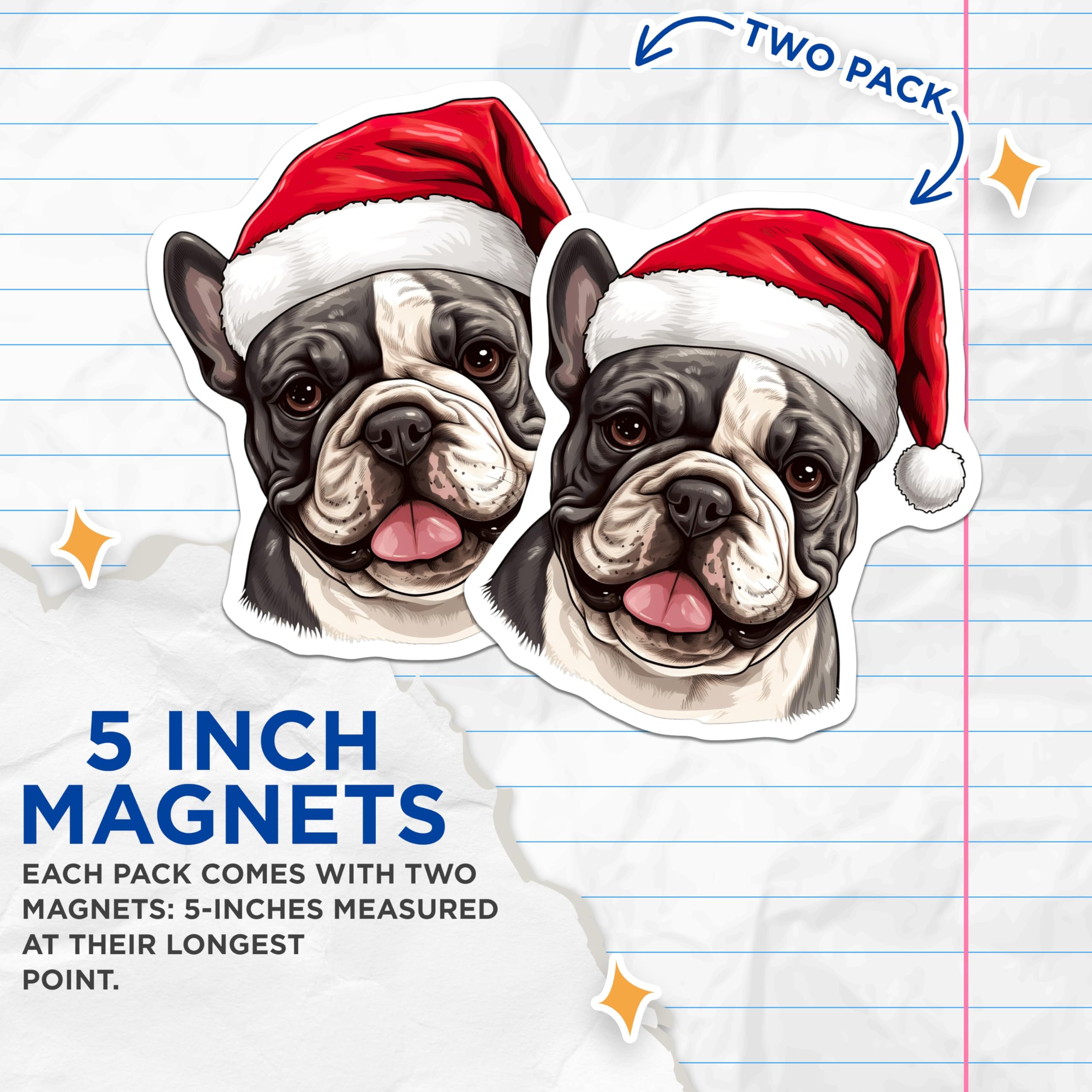 (2 Pack) French Bulldog Magnets - Christmas Dog Decor - Santa Hat Puppy Holiday - 5 Inches On Longest Side - Thick Durable Magnet - Made in USA - MAG24844