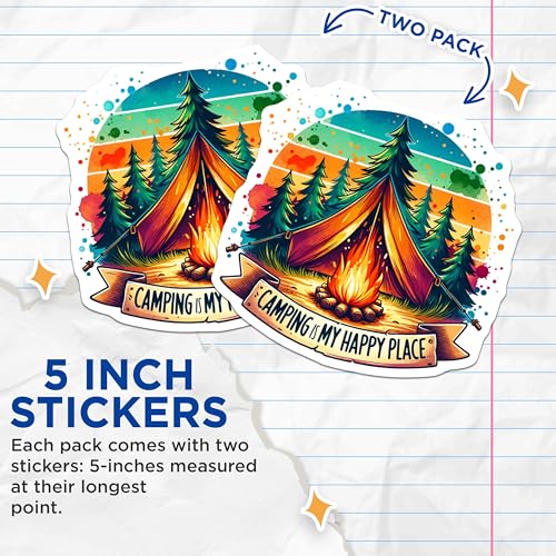 (2 Pack) Camping is My Happy Place Stickers - Camping Tent Scene - Forest Campfire - Outdoor Adventure - 5" On Longest Side - Sticks to Smooth Flat Surfaces - Made in USA - BMCS6606