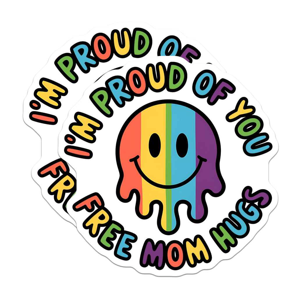(2 Pack) I'm Proud of You Stickers - Free Mom Hugs Stickers - LGBTQ Pride Stickers - 5" On Longest Side - Sticks to Smooth Flat Surfaces - Made in USA - BMCS3901