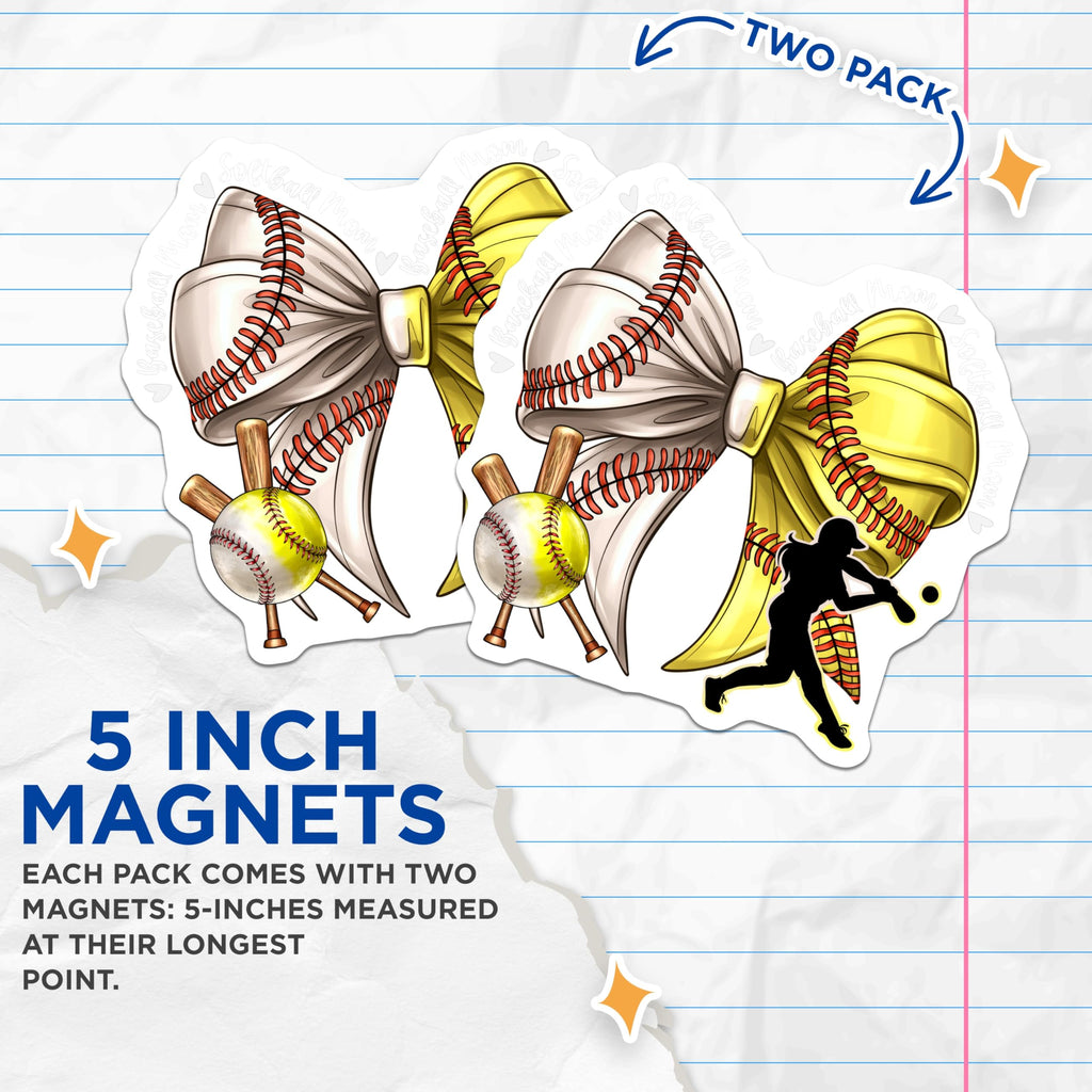 (2 Pack) Baseball Softball Mom Magnets - Sports Parent Fan Accessory - Team Spirit Locker Decor - 5 Inches On Longest Side - Thick Durable Magnet - Made in USA - MAG27739