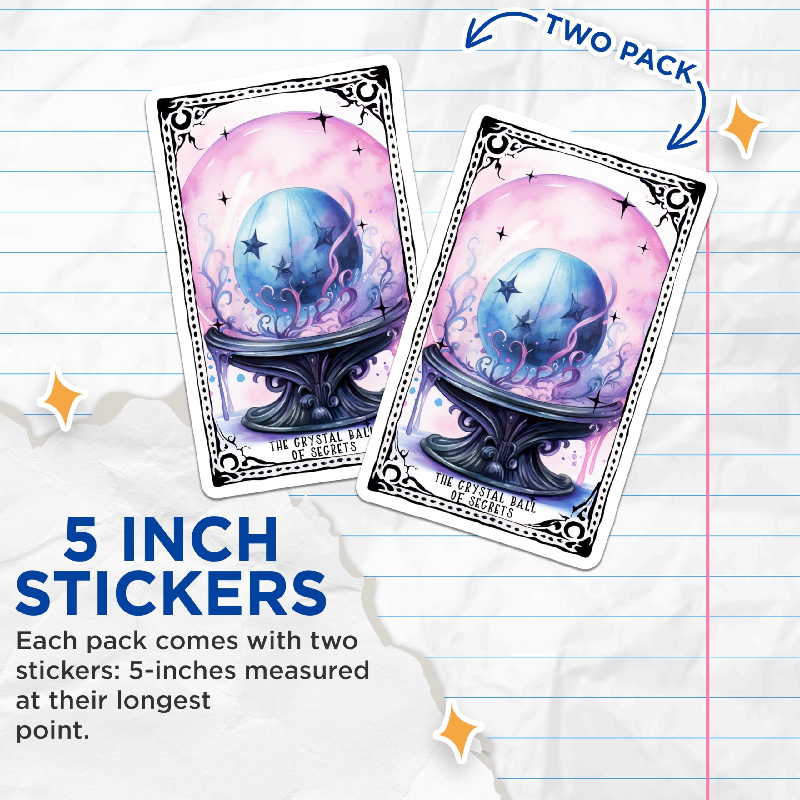 (2 Pack) Mystical Crystal Ball Stickers - Fantasy Tarot Card Stickers - Witchy Art Stickers - 5" On Longest Side - Sticks to Any Smooth Flat Surface - Made in USA - BMCS3588
