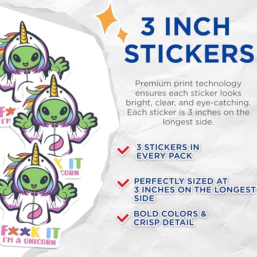 (3 Pack) Alien Unicorn Decals - Funny Outer Space - Quirky Laptop Decals - 3 Inches On Longest Side - Easy Peel & Apply - Made in USA - 3MCS6532