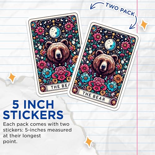 (2 Pack) Bear Art Stickers - Floral Bear Decor - Moon and Stars Bear - 5" On Longest Side - Sticks to Smooth Flat Surfaces - Made in USA - BMCS4445