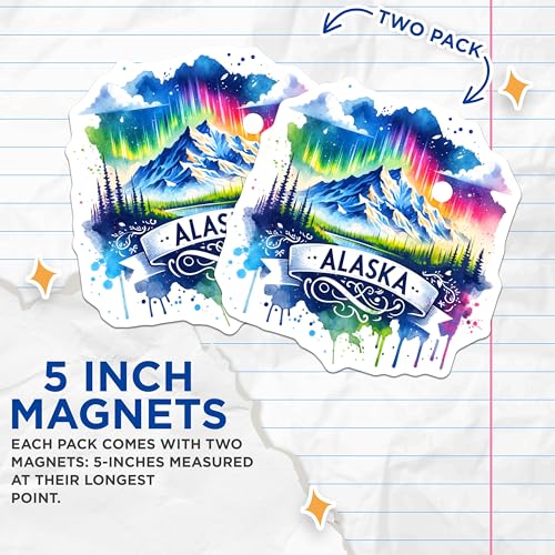 (2 Pack) Alaska Scenic Art Magnets - Nature Landscape - Travel Souvenir - Northern Lights - 5" On Longest Side - for Cars, Fridges, Toolboxes - Made in USA - MAG6806