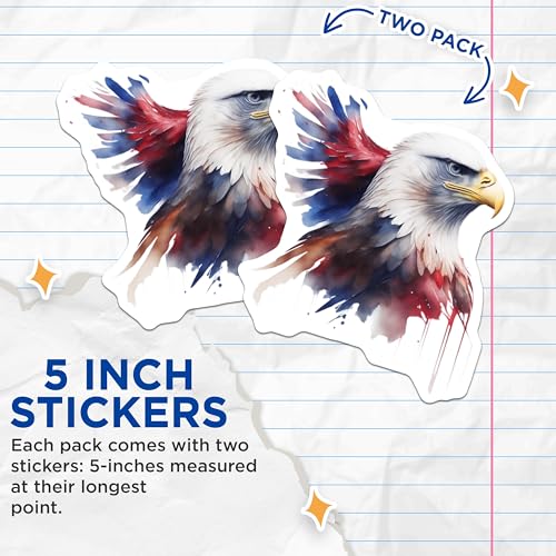 (2 Pack) Bald Eagle Stickers - Patriotic Animal - American Flag Eagle Decal - 5" On Longest Side - Sticks to Smooth Flat Surfaces - Made in USA - BMCS6758