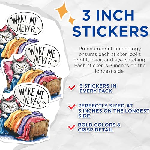 (3 Pack) Grumpy Cat Decals - Funny Cat Laptop Decal - Wake Me Never Sticker - 3 Inches On Longest Side - Easy Peel & Apply - Made in USA - 3MCS7317