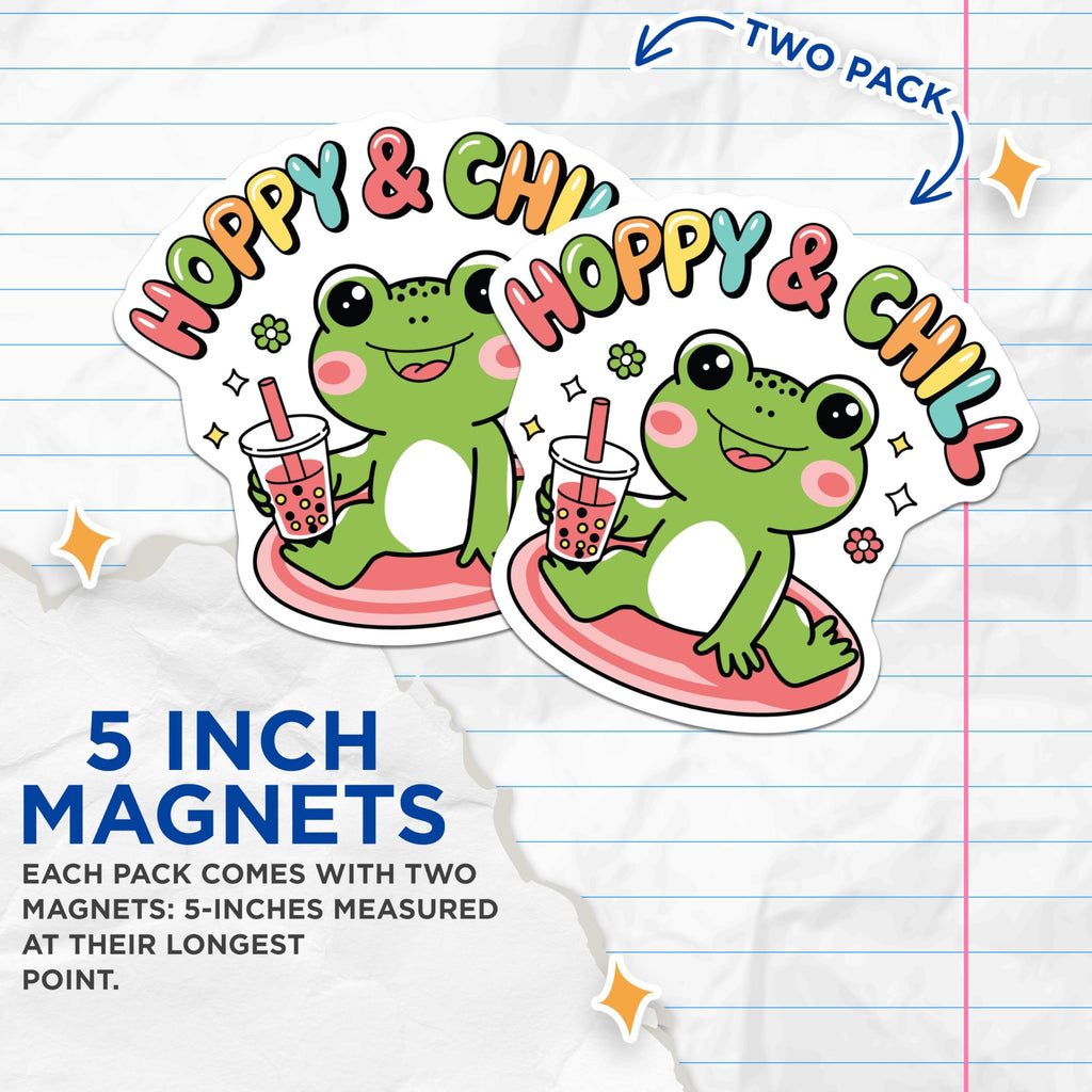(2 Pack) Frog Magnets - Boba Tea Drink - Happy and Chill Refrigerator Magnets - 5" On Longest Side - Premium Magnet - for Cars, Refrigerators, Toolboxes, Lockers - Made in USA - MAG16722