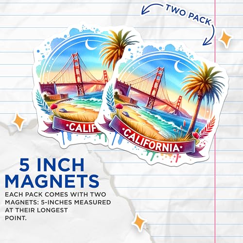 (2 Pack) California Magnets - Golden Gate Bridge Art - California Souvenir - Travel Memorabilia - Beach and Palm Tree Scene - 5" On Longest Side - for Cars, Fridges, Toolboxes - Made in USA - MAG7028
