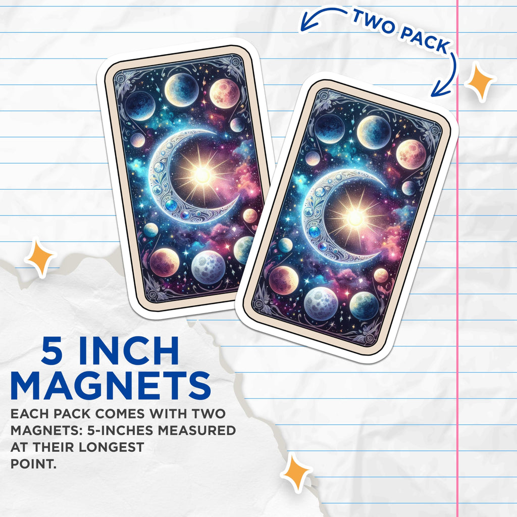 (2 Pack) Celestial Moon Magnets - Cosmic Planets Galaxy Decor - Mystical Space Fridge Accessories - 5 Inches On Longest Side - Thick Durable Magnet - Made in USA - MAG21133