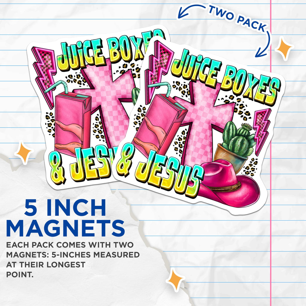 (2 Pack) Juice Boxes and Jesus Magnets - Christian Western Decor - Pink Country Faith Fridge Magnet - 5 Inches On Longest Side - Thick Durable Magnet - Made in USA - MAG24679