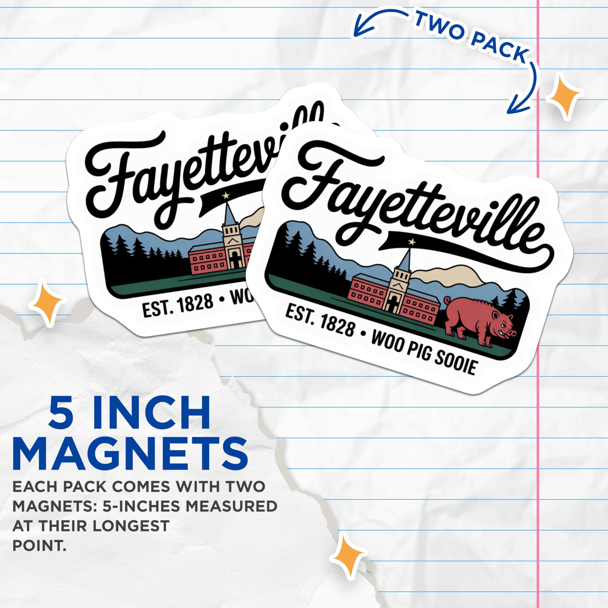(2 Pack) Fayetteville Arkansas Magnets - Woo Pig Sooie - University of Arkansas Decor - 5" On Longest Side - Premium Magnet - for Cars, Refrigerators, Toolboxes, Lockers - Made in USA - MAG17773