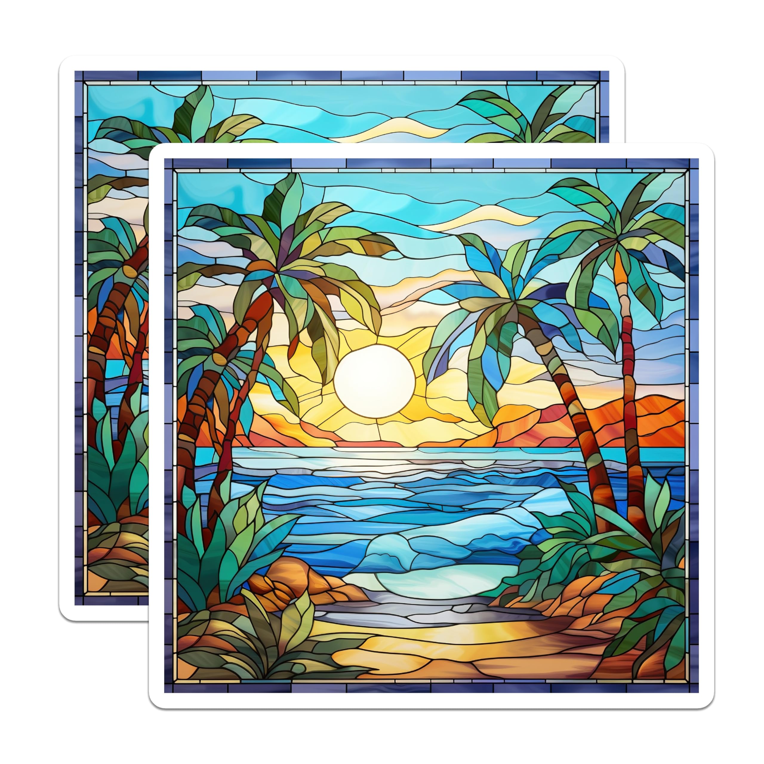 (2 Pack) Stained Glass Tropical Magnets - Palm Tree Beach Scene - Ocean Sunset Vibe - Coastal Refrigerator Decor - 5 Inches On Longest Side - Thick Durable Magnet - Made in USA - MAG30282