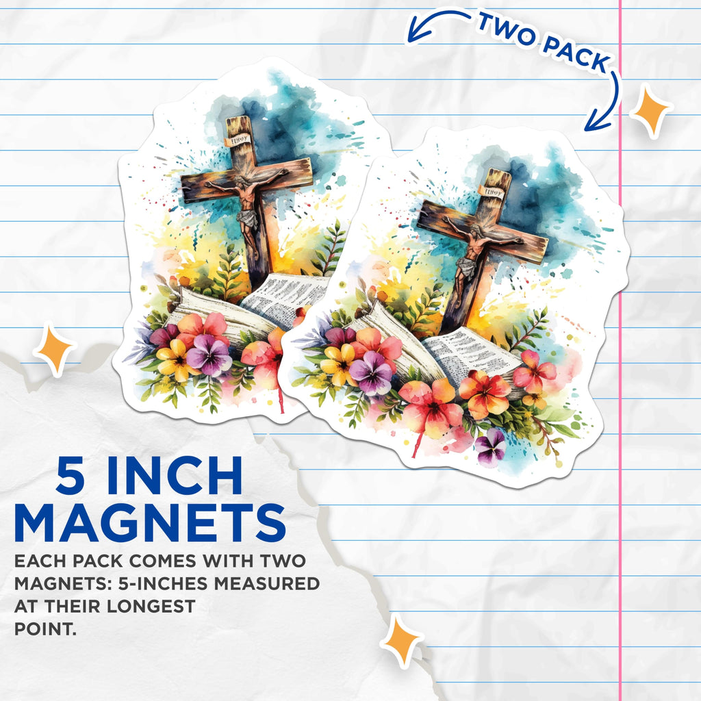 (2 Pack) Jesus Christ Magnets - Watercolor Cross with Open Bible and Flowers - Christian Faith Devotional Art - 5 Inches On Longest Side - Thick Durable Magnet - Made in USA - MAG19959