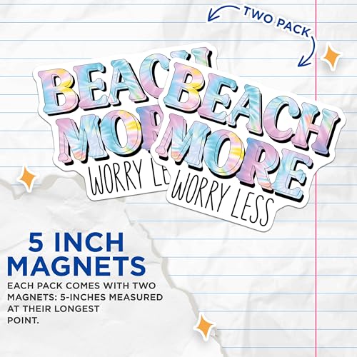 (2 Pack) Beach More Worry Less Magnets - Inspirational Quote Magnets - Motivational - 5" On Longest Side - for Cars, Fridges, Toolboxes - Made in USA - MAG3870