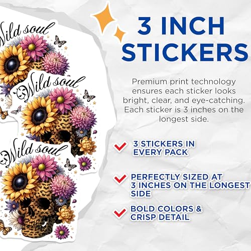 (3 Pack) Leopard Skull Decals - Wild Soul Art - Floral Laptop Decal - 3 Inches On Longest Side - Easy Peel & Apply - Made in USA - 3MCS6142