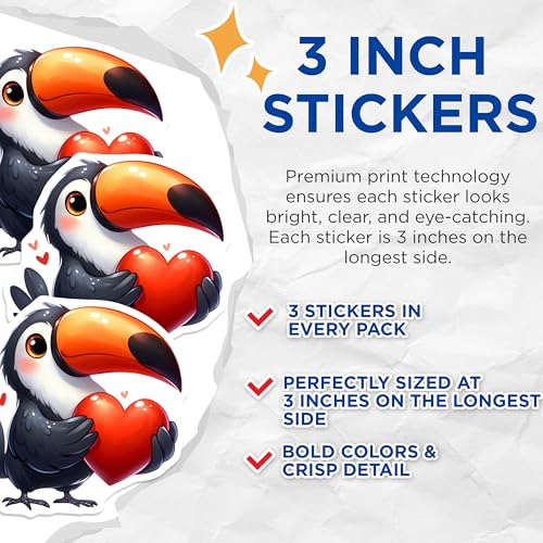 (3 Pack) Toucan Love Heart Decals - Bird Laptop Decals - Cute Animal Stickers - 3 Inches On Longest Side - Easy Peel & Apply - Made in USA - 3MCS2453