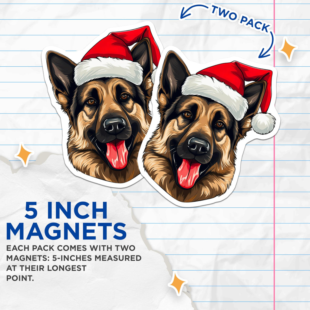 (2 Pack) German Shepherd Christmas Magnets - Santa Dog Holiday Decor - Pet Owner Stocking Stuffer - 5 Inches On Longest Side - Thick Durable Magnet - Made in USA - MAG27936