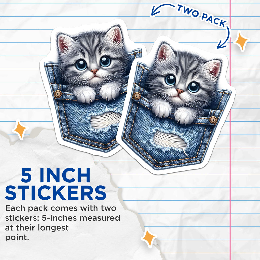(2 Pack) Kitten Stickers - Pocket Cat Stickers - Cute Animal Stickers- 5" On Longest Side - Sticks to Smooth Flat Surfaces - Made in USA - BMCS16023