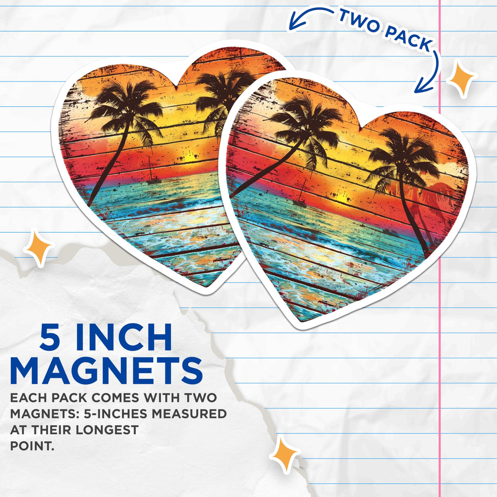(2 Pack) Beach Sunset Magnets - Tropical Heart Decor - Palm Tree Ocean View - Vacation Vibes Fridge Magnet - 5 Inches On Longest Side - Thick Durable Magnet - Made in USA - MAG23553