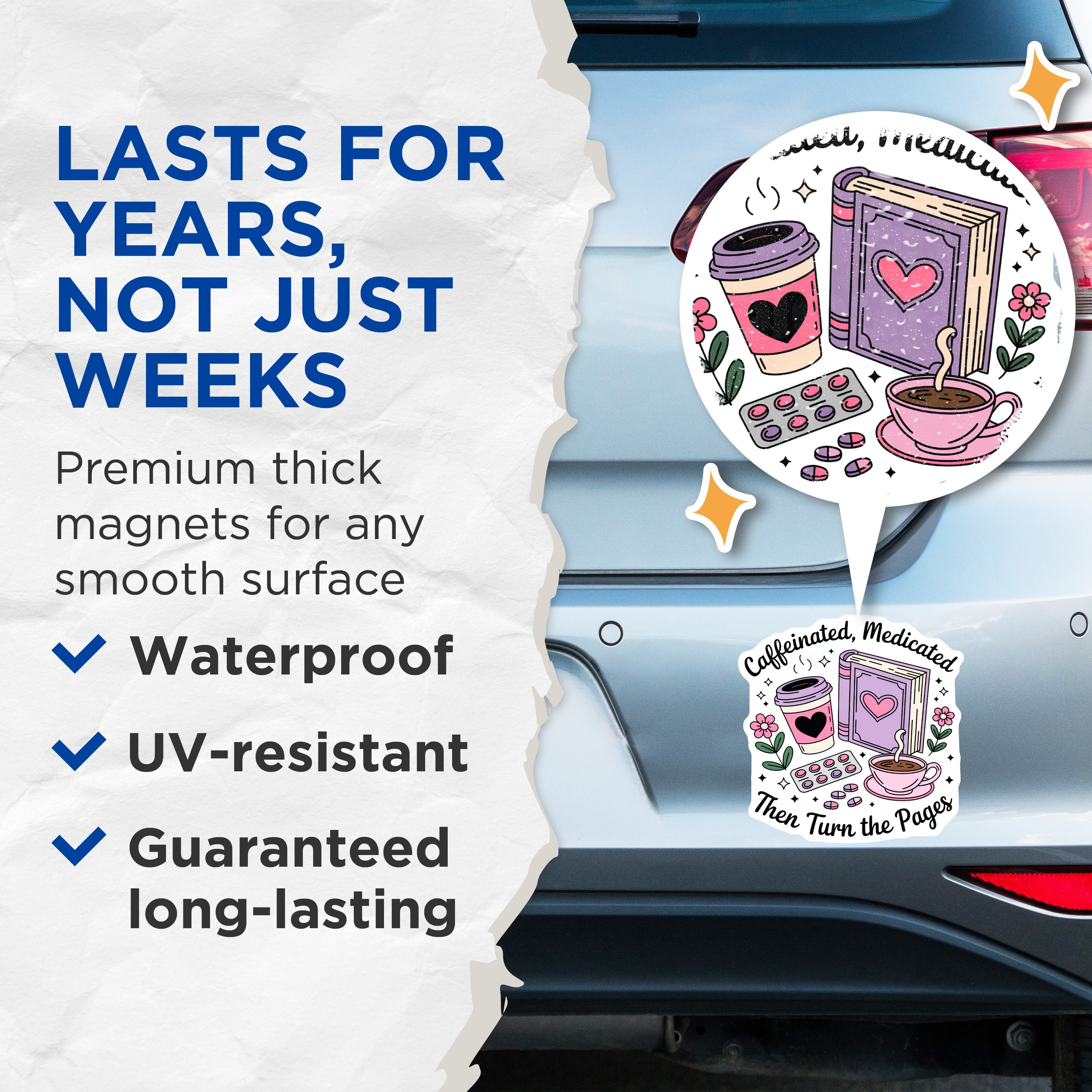 (2 Pack) Caffeinated Medicated Magnets - Book Lover Reader Decor - Self Care Vibes Fridge - 5 Inches On Longest Side - Thick Durable Magnet - Made in USA - MAG39162