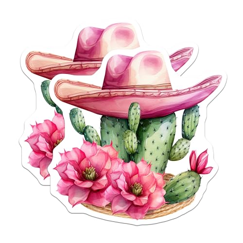 (2 Pack) Cactus Hat Stickers - Flowering Cactus Stickers - Boho Plant Art Stickers - 5" On Longest Side - Sticks to Any Smooth Flat Surface - Made in USA - BMCS3387