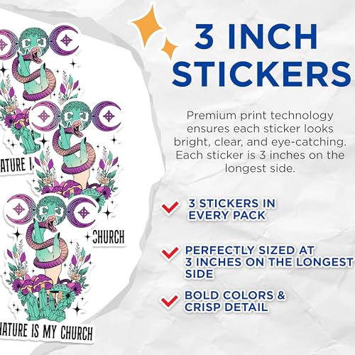 (3 Pack) Nature is My Church Decals - Snake Hand - Wiccan Pagan Decal - 3 Inches On Longest Side - Easy Peel & Apply - Made in USA - 3MCS1370