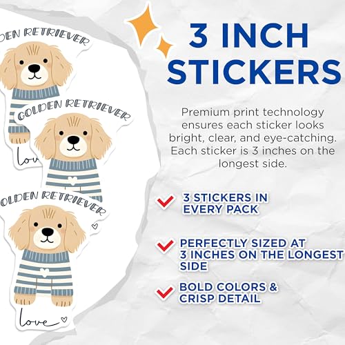 (3 Pack) Golden Retriever Decals - Cute Dog Stickers - Striped Sweater Dog Decals - 3 Inches On Longest Side - Easy Peel & Apply - Made in USA - 3MCS6066