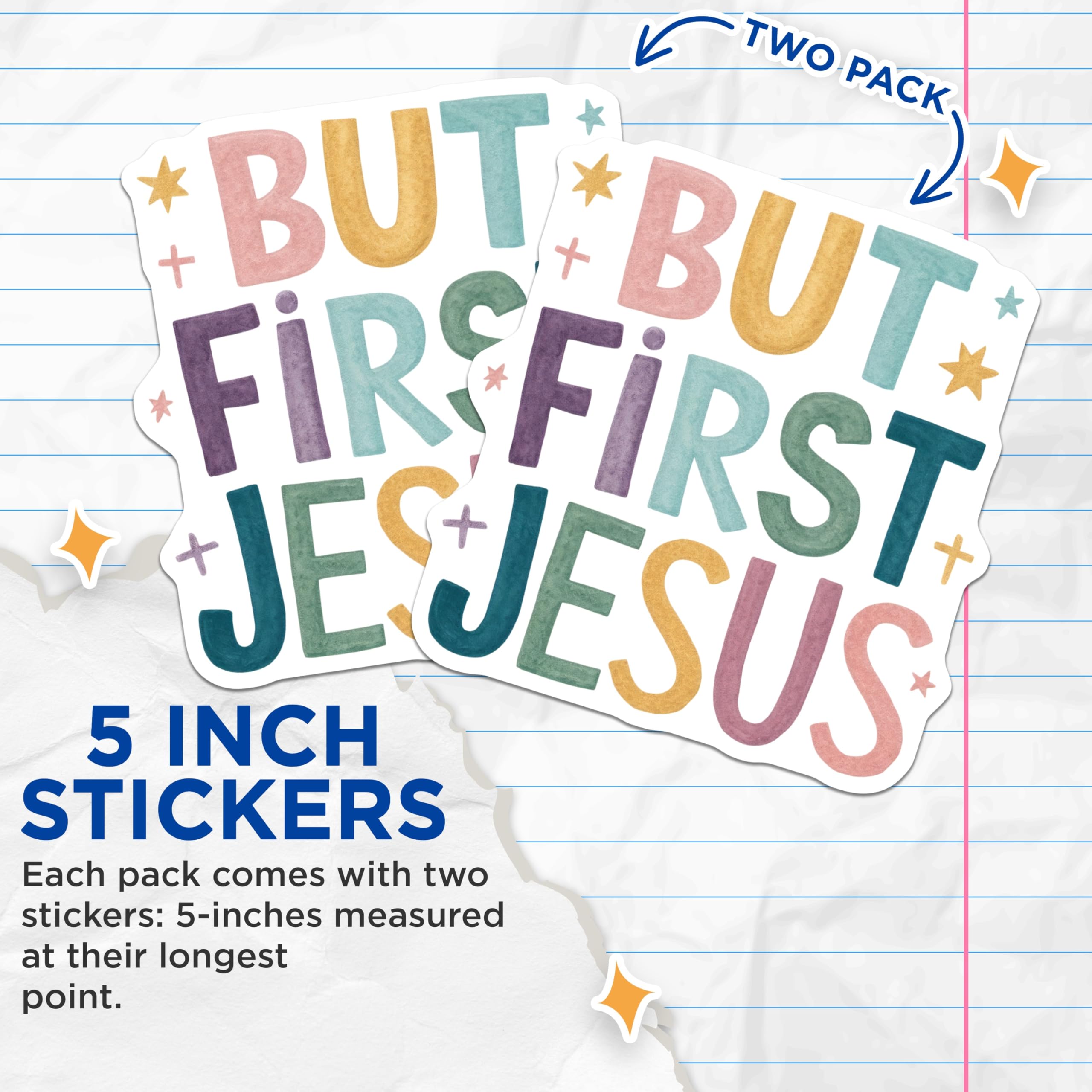 (2 Pack) But First Jesus Stickers - Religious Saying - Christian Stickers- 5" On Longest Side - Sticks to Smooth Flat Surfaces - Made in USA - BMCS16009