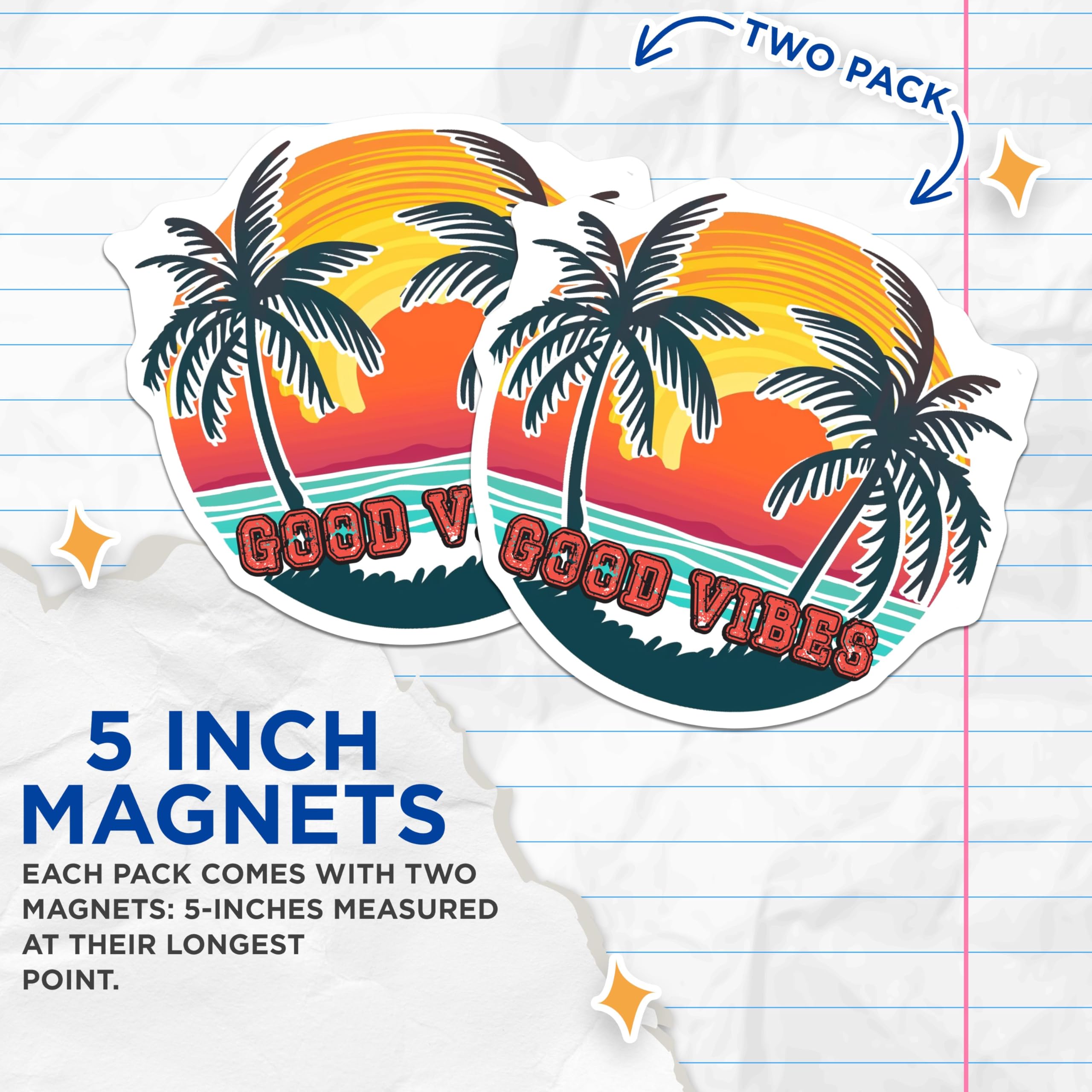 (2 Pack) Good Vibes Magnets - Motivational Fridge Magnets - Tropical Sun Magnets - Inspirational Magnets - 5" On Longest Side - for Cars, Fridges, Toolboxes - Made in USA - MAG4323