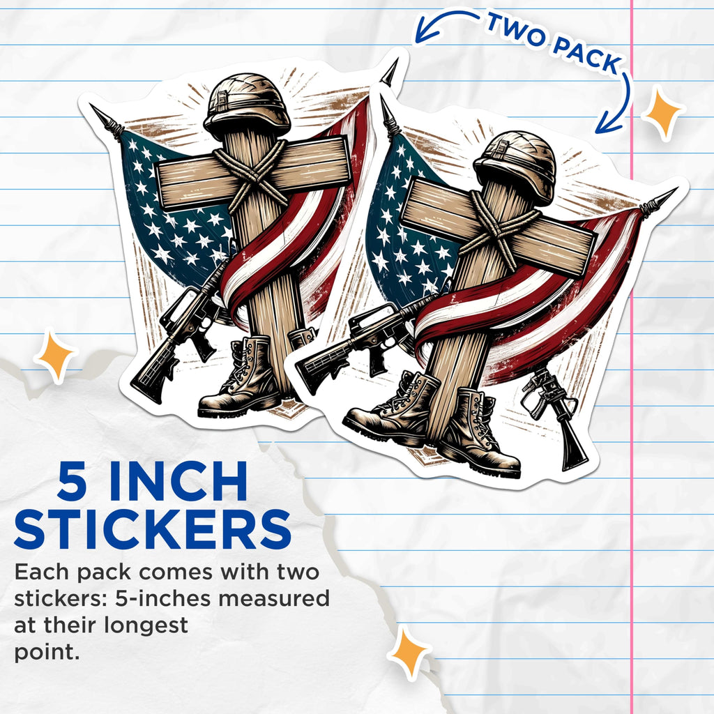 (2 Pack) Military Cross Stickers - Soldier Memorial - Patriotic Decals - 5" On Longest Side - Sticks to Smooth Flat Surfaces - Made in USA - BMCS15021