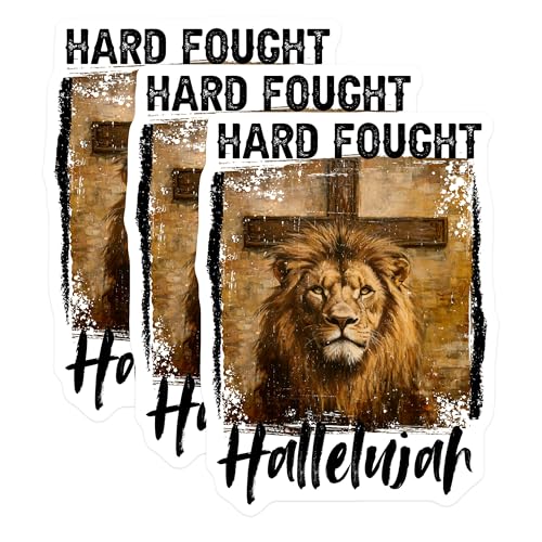 (3 Pack) Lion Cross Decals - Hard Fought Hallelujah - Christian Laptop Decal - 3 Inches On Longest Side - Easy Peel & Apply - Made in USA - 3MCS8721