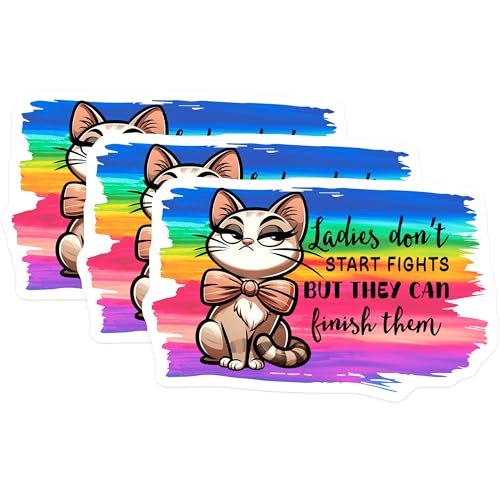 (3 Pack) Sassy Cat Decals - Ladies Dont Start Fights Quote - Laptop Decal - 3 Inches On Longest Side - Easy Peel & Apply - Made in USA - 3MCS4430