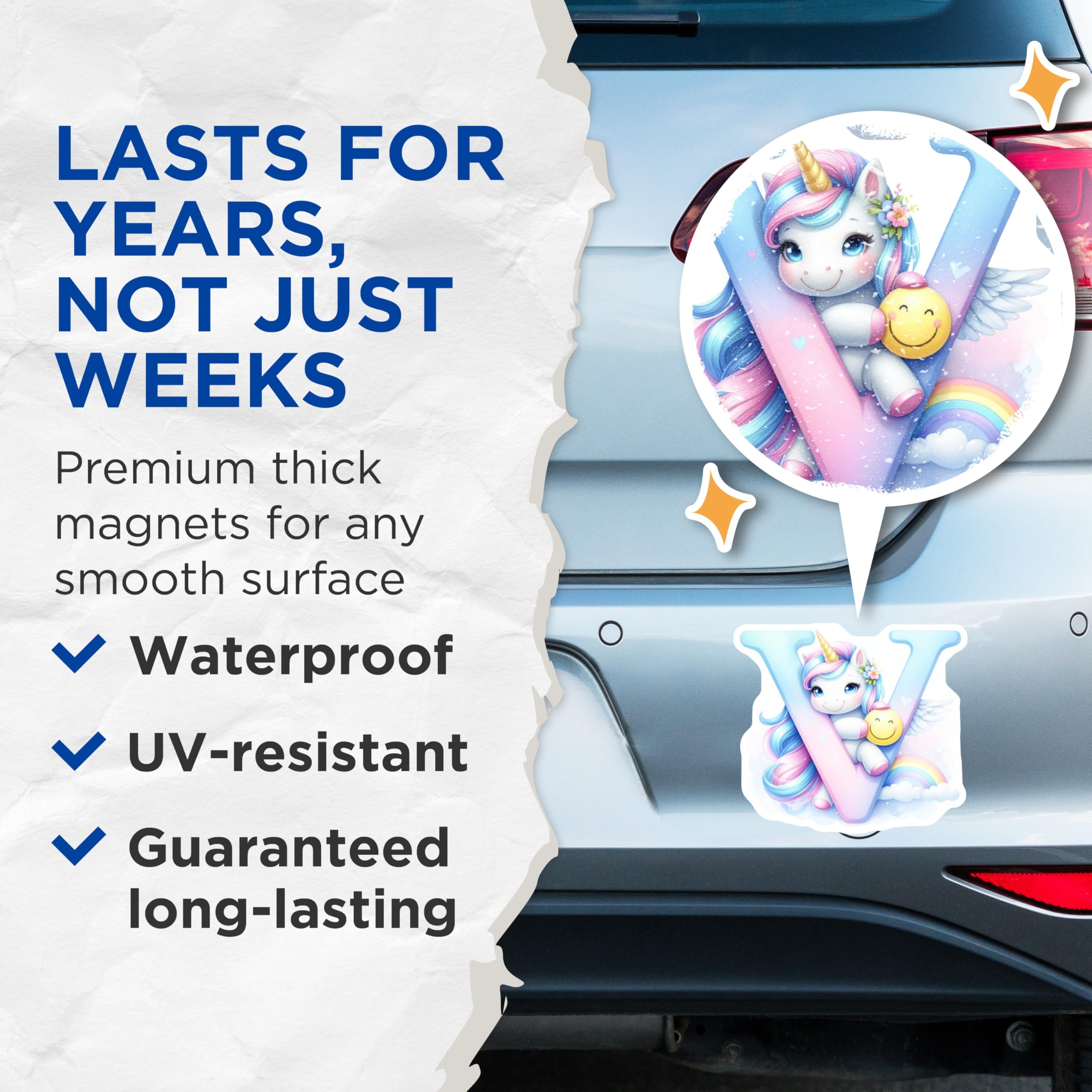 (2 Pack) Unicorn Letter V Magnets - Rainbow and Emoji - Alphabet Magnets - 5" On Longest Side - Premium Magnet - for Cars, Refrigerators, Toolboxes, Lockers - Made in USA - MAG14663