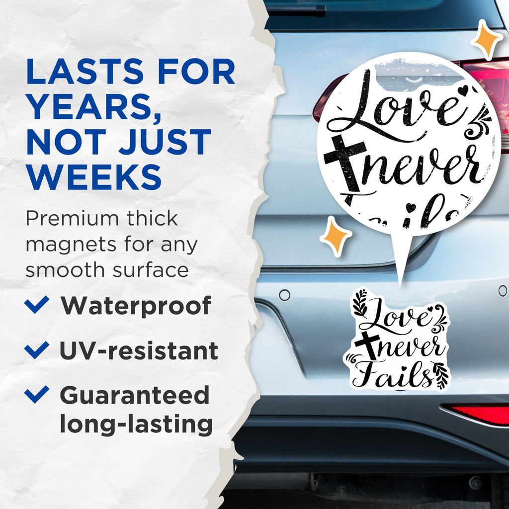 (2 Pack) Love Never Fails Magnets - Inspirational Fridge Magnets - Christian Decor Home - 5" On Longest Side - Premium Magnet - for Cars, Refrigerators, Toolboxes, Lockers - Made in USA - MAG16573