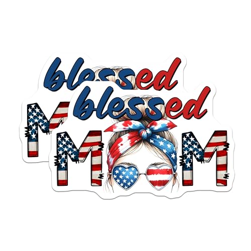 (2 Pack) Blessed Mom Stickers - Patriotic - American Flag Design - 5" On Longest Side - Sticks to Smooth Flat Surfaces - Made in USA - BMCS7455