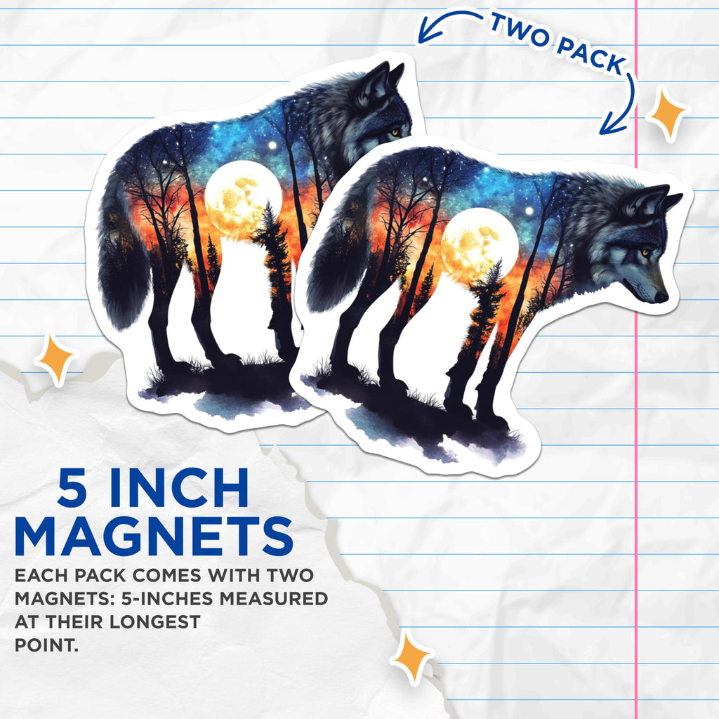 (2 Pack) Wolf Magnets - Double Exposure Moonscape - Animal Lovers Decor - 5" On Longest Side - Premium Magnet - for Cars, Refrigerators, Toolboxes, Lockers - Made in USA - MAG16229
