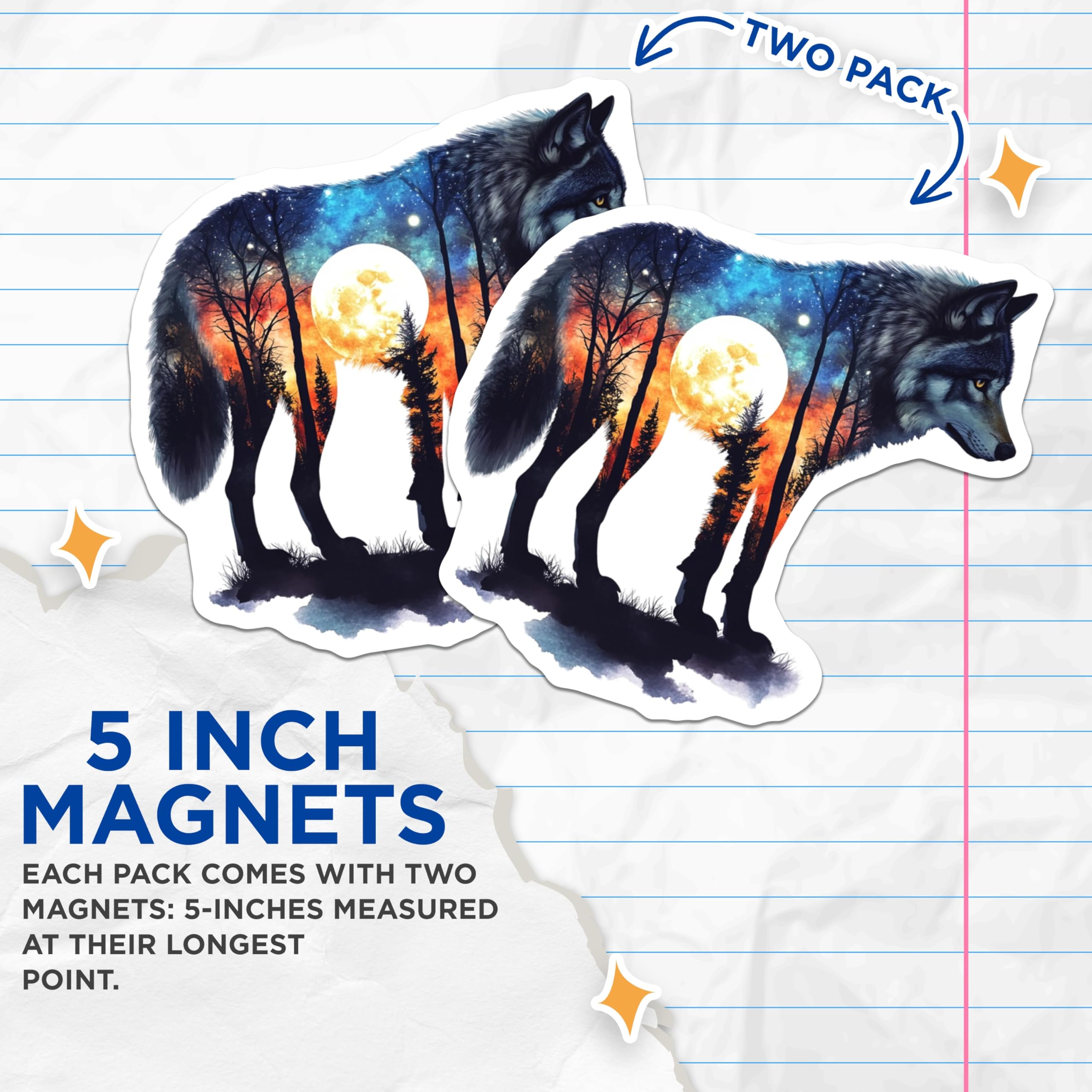 (2 Pack) Wolf Magnets - Double Exposure Moonscape - Animal Lovers Decor - 5" On Longest Side - Premium Magnet - for Cars, Refrigerators, Toolboxes, Lockers - Made in USA - MAG16229