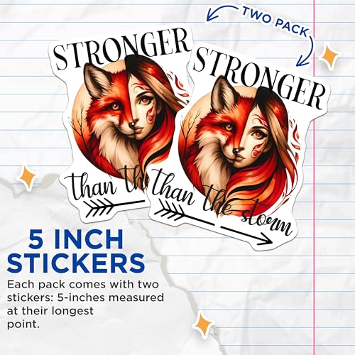 (2 Pack) Fox and Woman Art Stickers - Stronger Than The Storm - Inspirational Quotes - 5" On Longest Side - Sticks to Smooth Flat Surfaces - Made in USA - BMCS9235