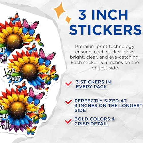 (3 Pack) Rainbow Sunflower Decals - Butterfly Stickers - Pride Month Decal - 3 Inches On Longest Side - Easy Peel & Apply - Made in USA - 3MCS7018