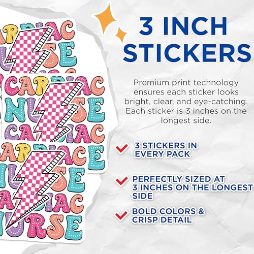 (3 Pack) Cardiac Nurse Decals - Lightning Bolt Stickers - Medical Professional Decal - 3 Inches On Longest Side - Easy Peel & Apply - Made in USA - 3MCS7895
