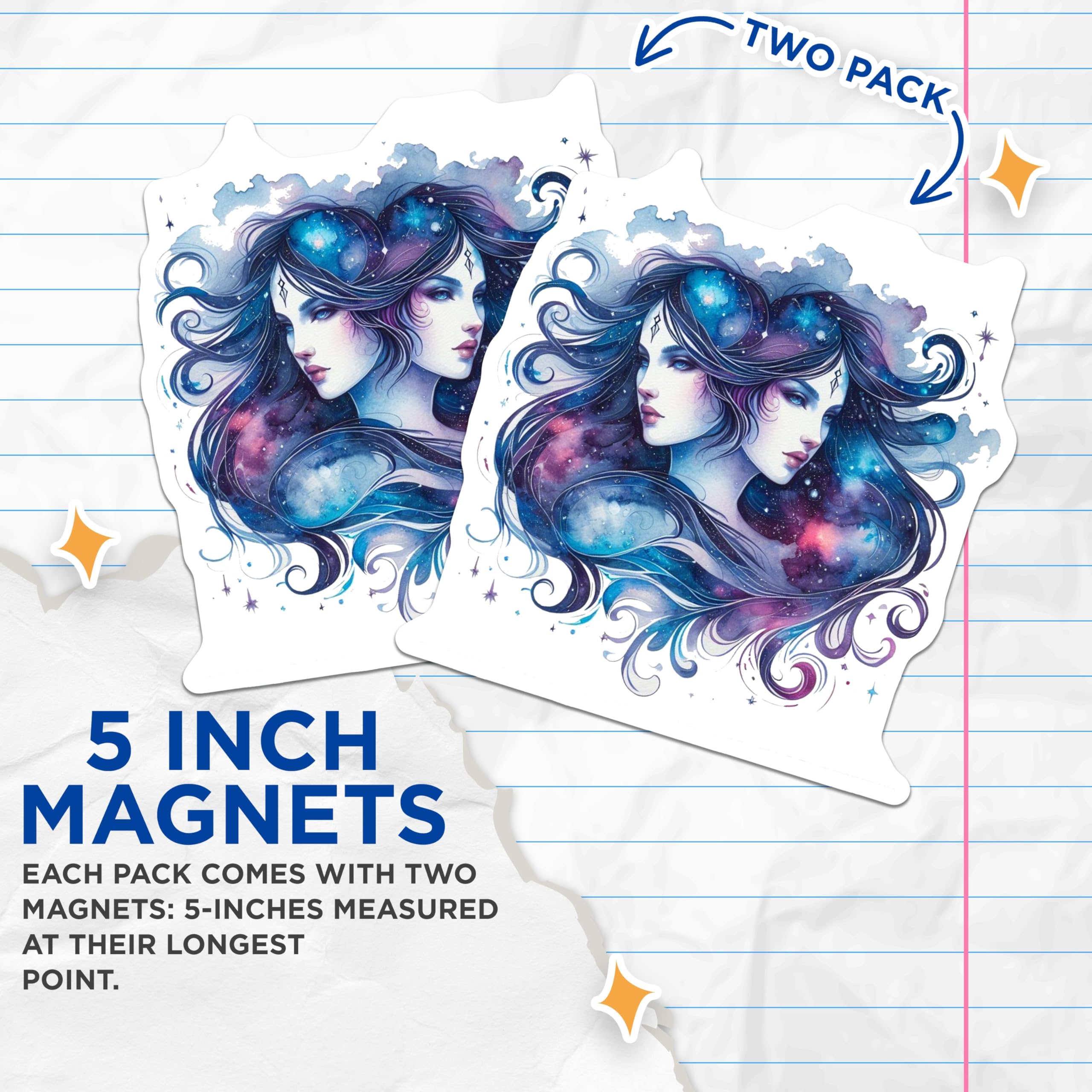 (2 Pack) Gemini Zodiac Magnets - Twins Astrology Sign - Celestial Space Decoration - 5" On Longest Side - Premium Magnet - for Cars, Refrigerators, Toolboxes, Lockers - Made in USA - MAG14511