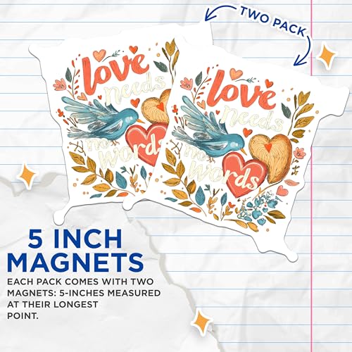 (2 Pack) Love Needs No Words Magnets - Heart Shaped Magnets - Inspirational Quote Magnets - 5" On Longest Side - for Cars, Refrigerators, Toolboxes, Lockers - Made in USA BMCS3509