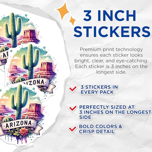 (3 Pack) Arizona Decals - Desert Cactus Stickers - Travel Souvenir Decals- 3 Inches On Longest Side - Easy Peel & Apply - Made in USA - 3MCS5585