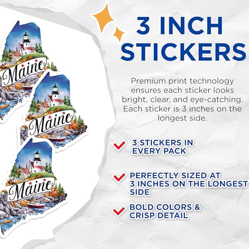 (3 Pack) Maine Decals - Watercolor State Art - Laptop Decal - State Pride- 3 Inches On Longest Side - Easy Peel & Apply - Made in USA - 3MCS5034