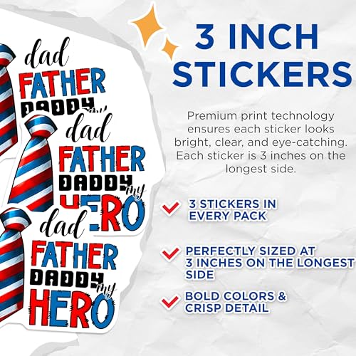 (3 Pack) Fathers Day Decals - Dad My Hero Sticker - Father Daddy Celebration - 3 Inches On Longest Side - Easy Peel & Apply - Made in USA - 3MCS6259