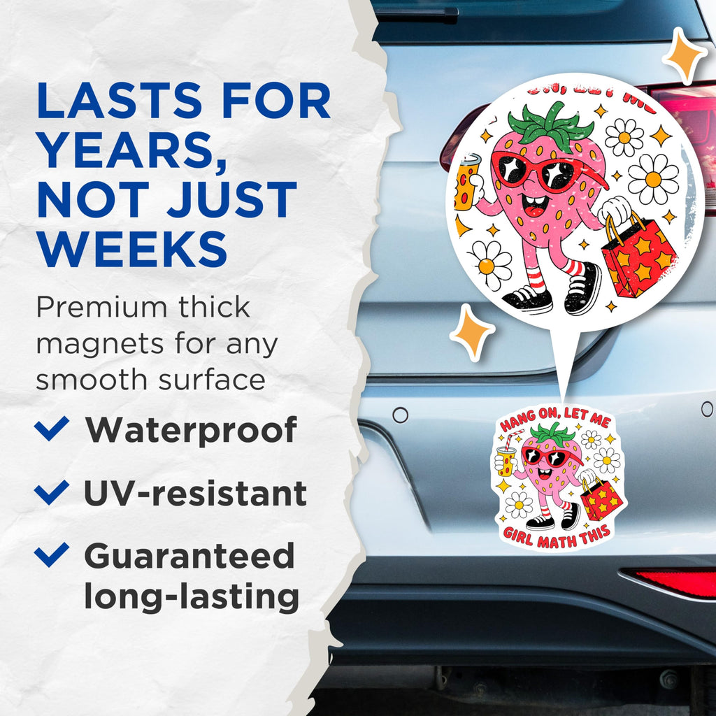(2 Pack) Girl Math Magnets - Funny Strawberry Meme - Retro Groovy Kitchen Decor - Y2K Aesthetic Fridge Art - 5 Inches On Longest Side - Thick Durable Magnet - Made in USA - MAG21081