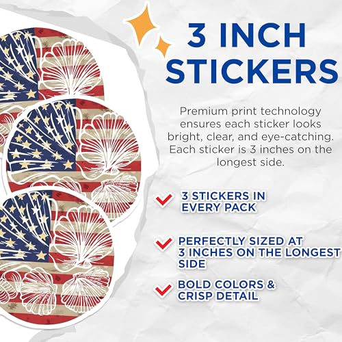 (3 Pack) American Flag Decals - Seashell Patriotic Stickers - Laptop Decor - 3 Inches On Longest Side - Easy Peel & Apply - Made in USA - 3MCS7734