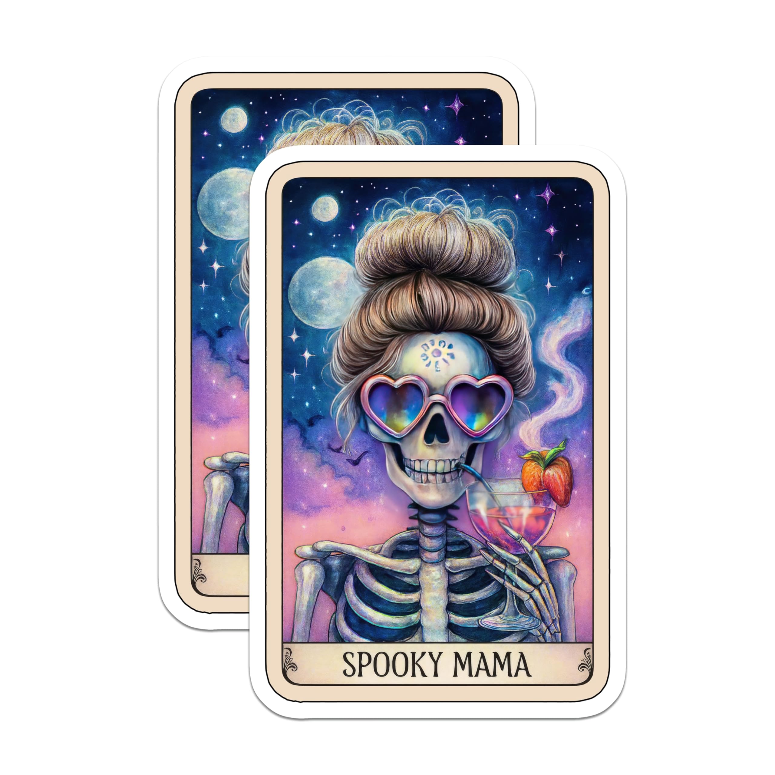 (2 Pack) Spooky Mama Magnets - Messy Bun Skeleton Skull Art - Heart Sunglasses Cocktail Drink - Halloween Mom Vibes Decor - 5 Inches On Longest Side - Thick Durable Magnet - Made in USA - MAG22606