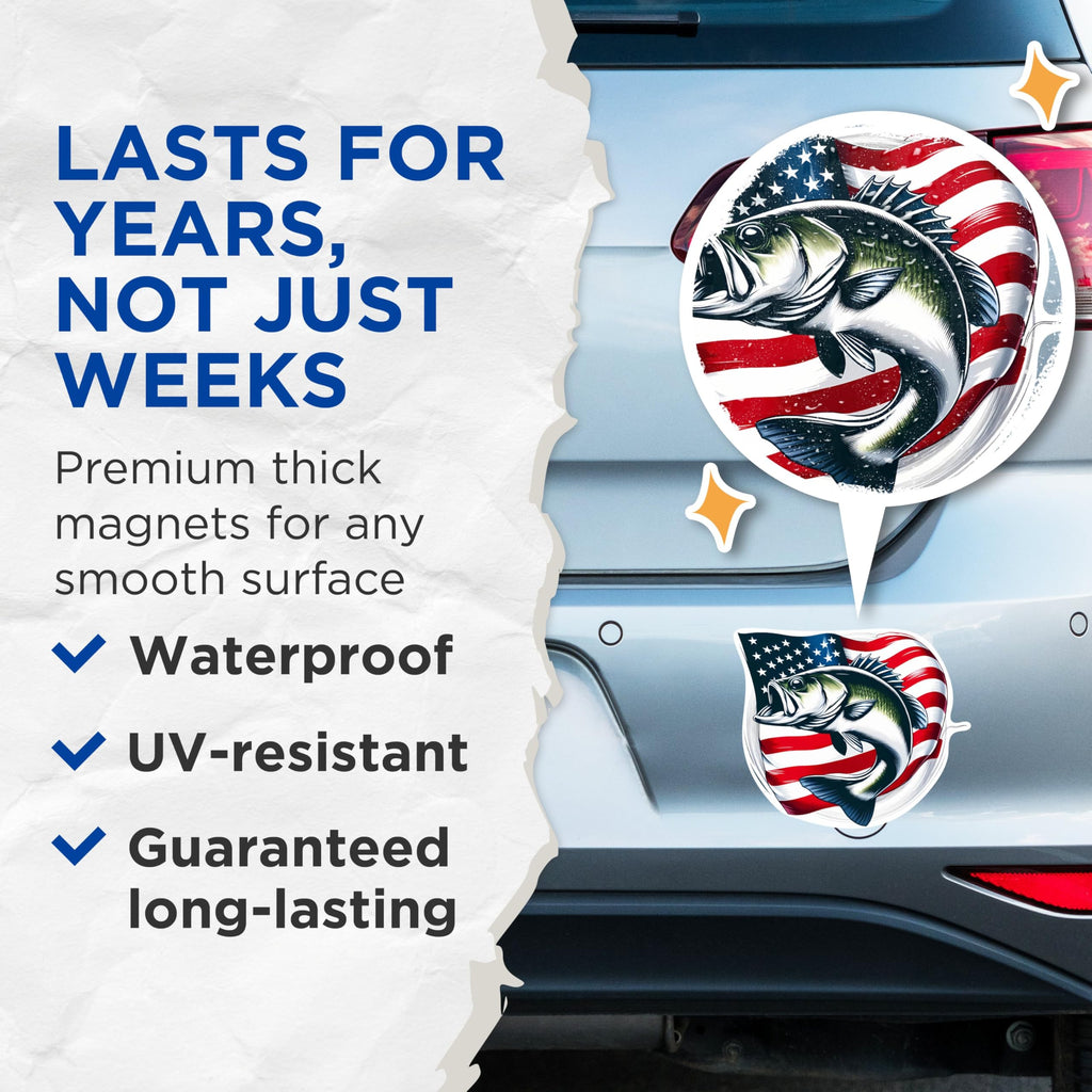 (2 Pack) USA Flag Bass Magnets - American Patriotic Fisherman - Fishing Enthusiast - 5 Inches On Longest Side - Premium Magnet - for Cars, Refrigerators, Toolboxes - Made in USA - MAG2213